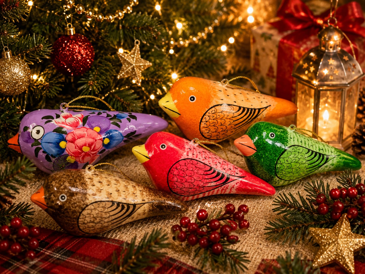 Set of 10 Hand painted birds, Hand painted Paper mache birds, paper mache Ornaments, Handmade Christmas Baubles, Handmade Birds hangings